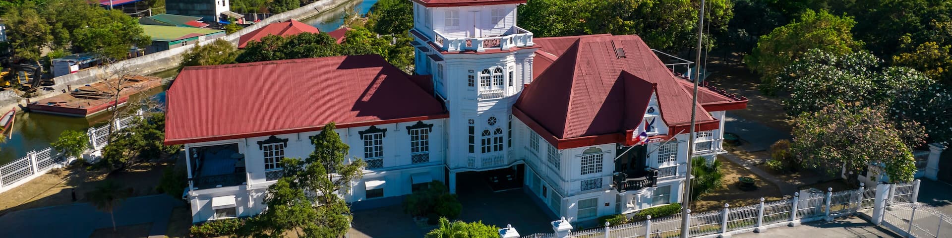 Kawit, Cavite, Philippines - Aerial of Emilio Aguinaldo Shrine and the Philippine Flag.