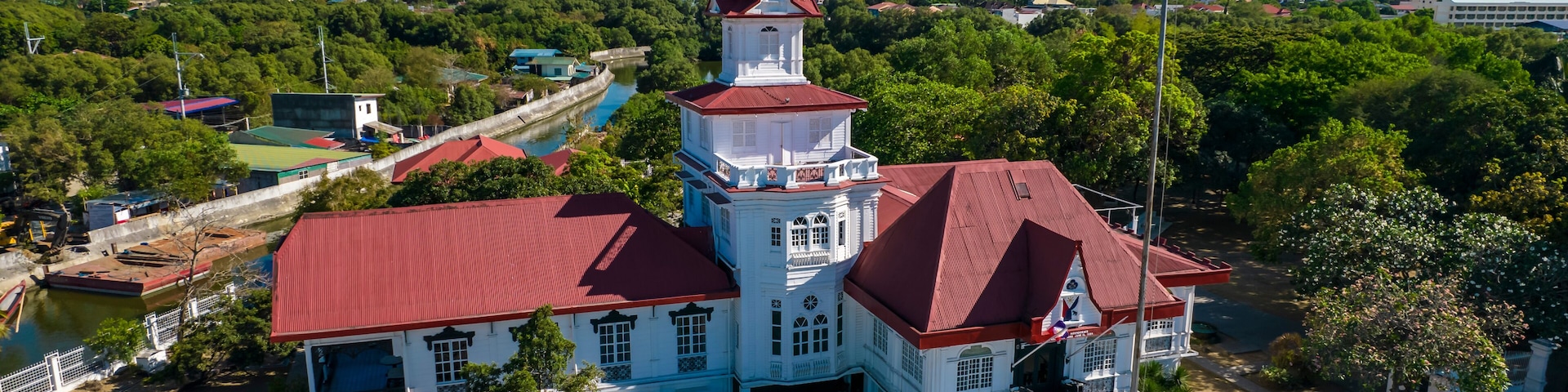 Kawit, Cavite, Philippines - Aerial of Emilio Aguinaldo Shrine and the Philippine Flag.