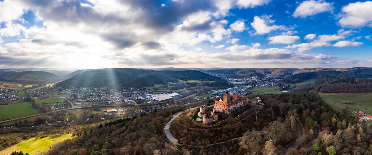 Germany, Hesse, Odenwaldkreis, Breuberg, Aerial view of Breuberg Castle