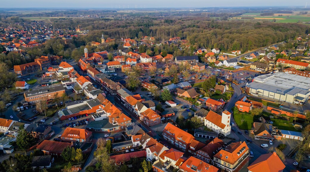 Aerial view around the old town of the city Zeven on a sunny autumn noon in Germany.