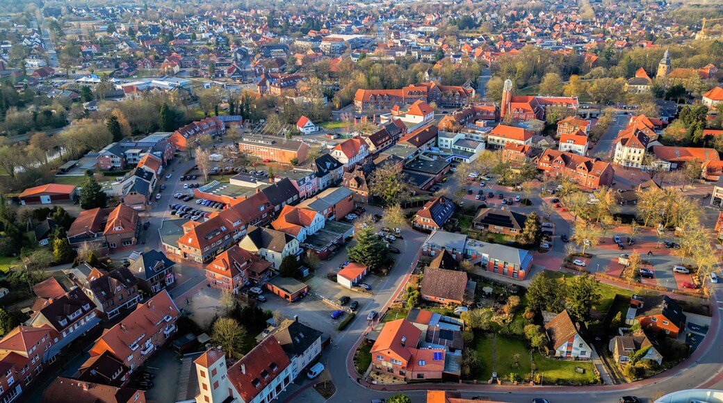 Aerial view around the old town of the city Zeven on a sunny autumn noon in Germany.
