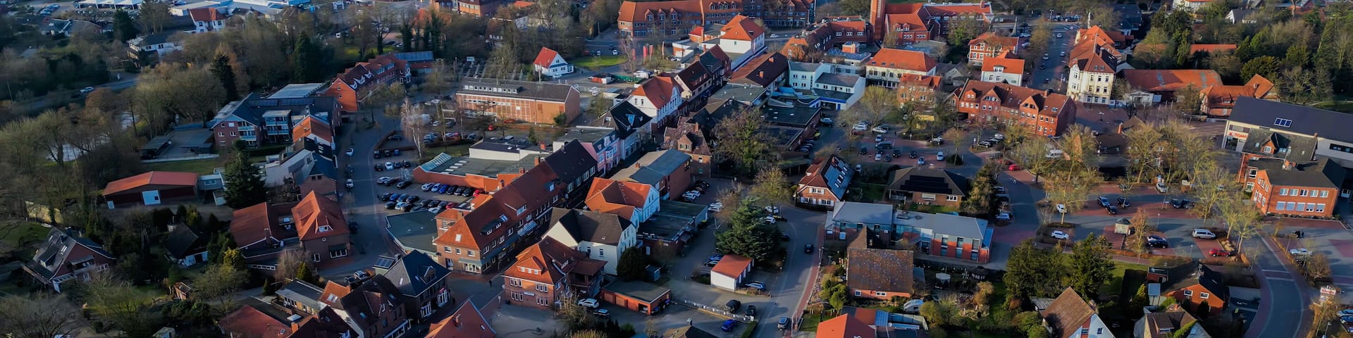 Aerial view around the old town of the city Zeven on a sunny autumn noon in Germany.