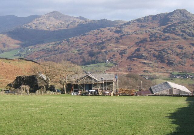 Old Hall Farm overlooking the Duddon valley Stickle Pike to the right, Caw is the pyramid in the sunlight further left.