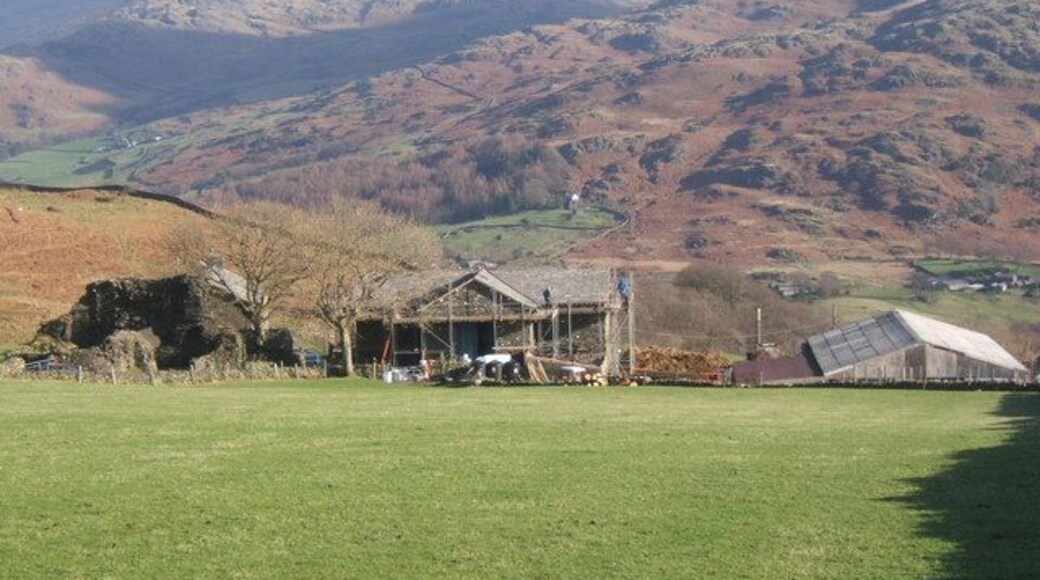 Old Hall Farm overlooking the Duddon valley Stickle Pike to the right, Caw is the pyramid in the sunlight further left.