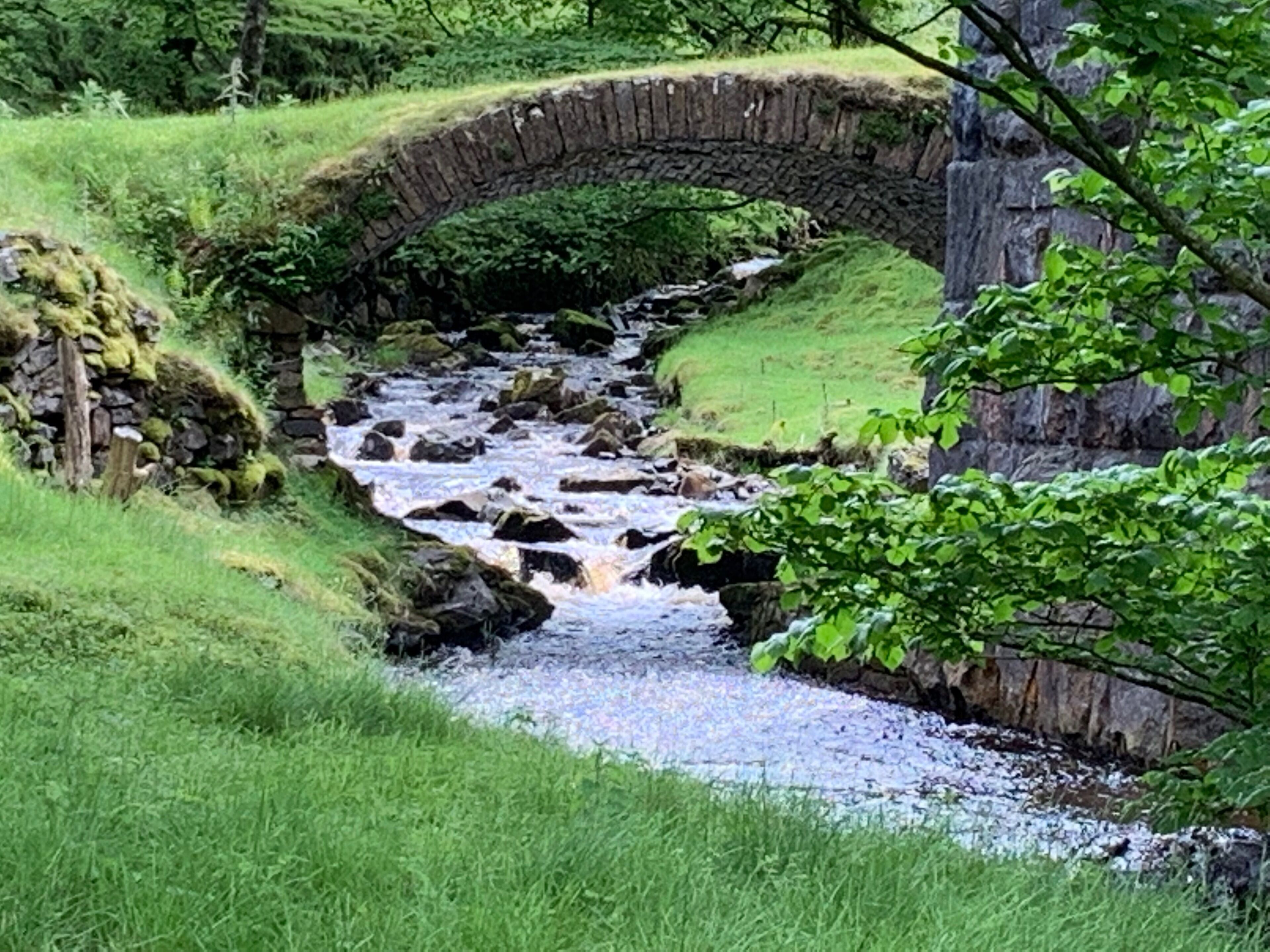 Un puente de piedra sobre un arroyo serpenteante en un paisaje verde y exuberante.