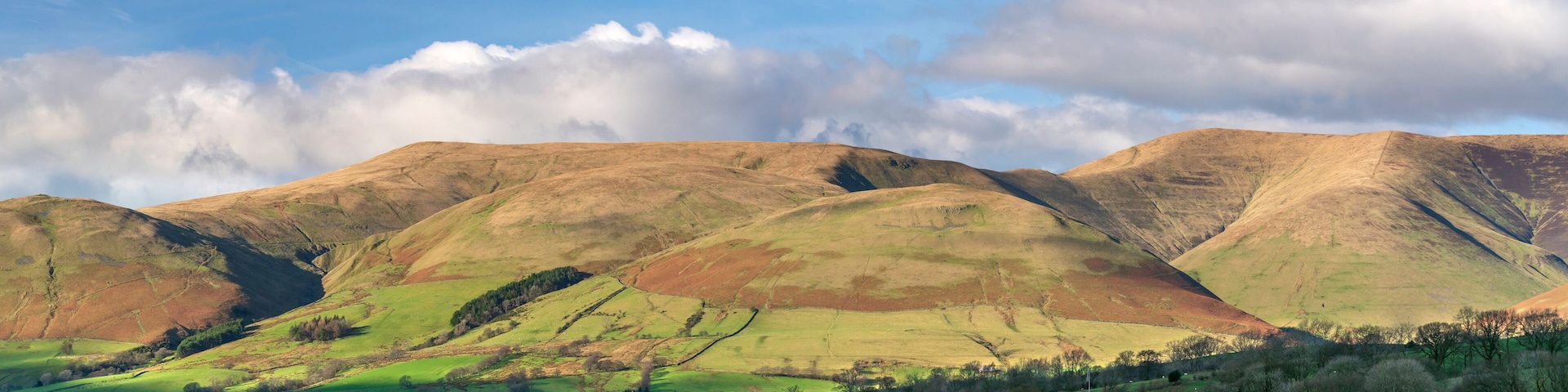Rolling hills with a mix of green and brown terrain, a clear sky with clouds, and a few scattered trees.