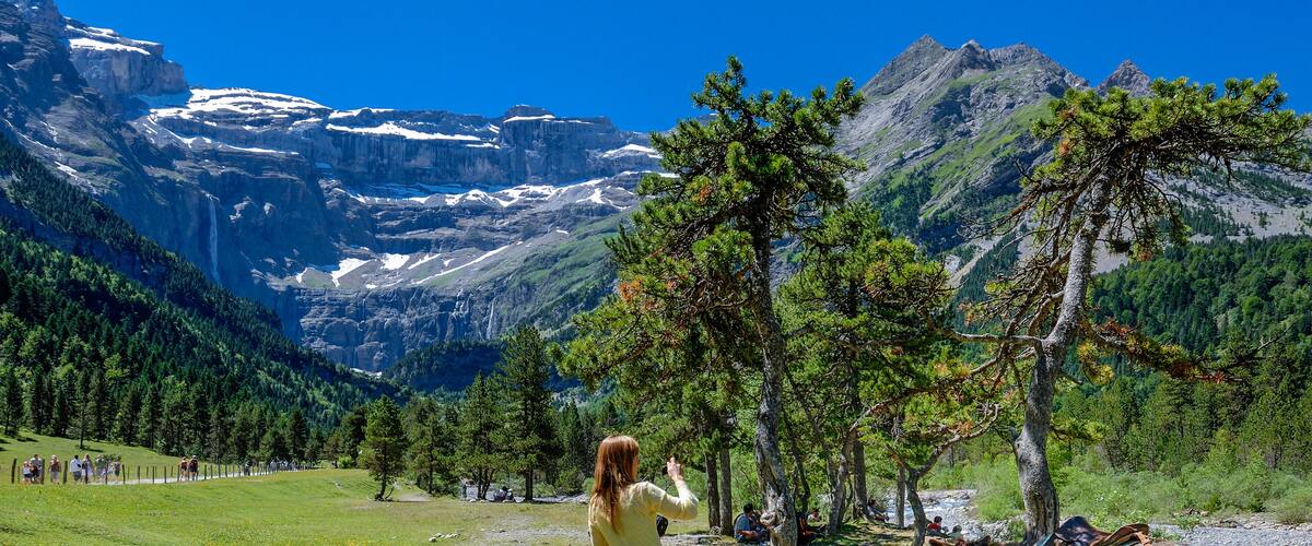 Pyrenees National Park, Hautes-Pyrenees, donkey ride in the Cirque de Gavarnie (UNESCO World Heritage)