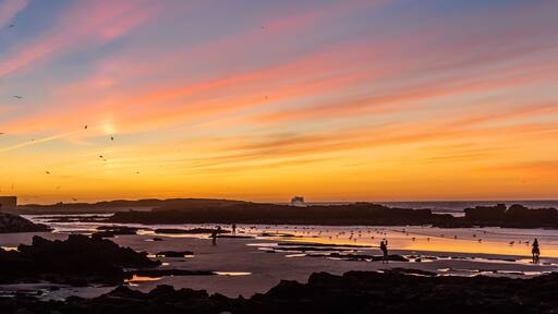 Panorama view of the silhouette from the old Fort Essaouira, Sqala du Port, at sunset, blue sky, background with flying Seagulls in Essaouira, Morocco