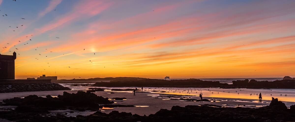 A sunset over a rocky beach with birds flying, a tower, and people walking.