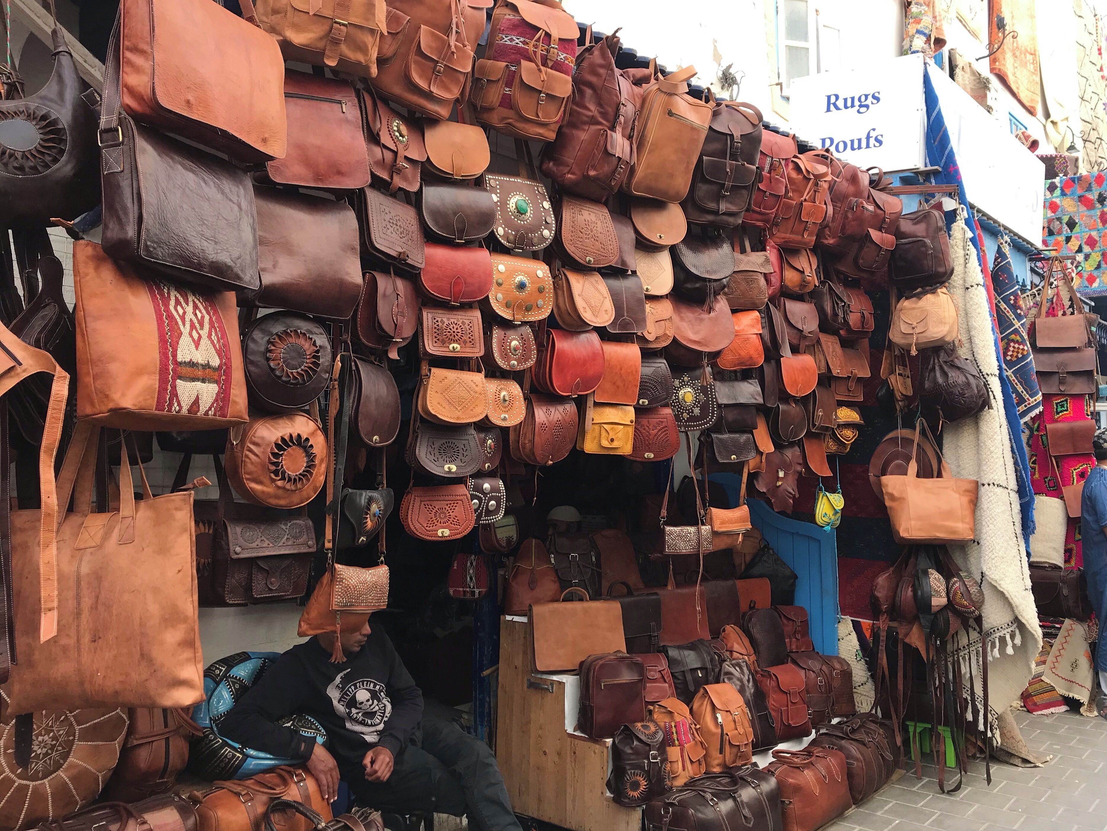 A leather bag stand inside the Medina in Essaouira. #morocco #essaouira #leather