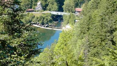 Un río rodeado de bosque denso, un puente y edificios.