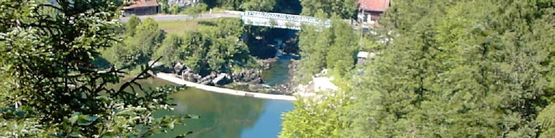 Un río rodeado de bosque denso, un puente y edificios.