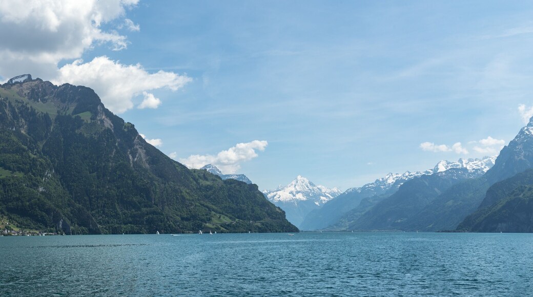 panoramic view into the swiss alps on a boat cruise on lake lucerne end of spring