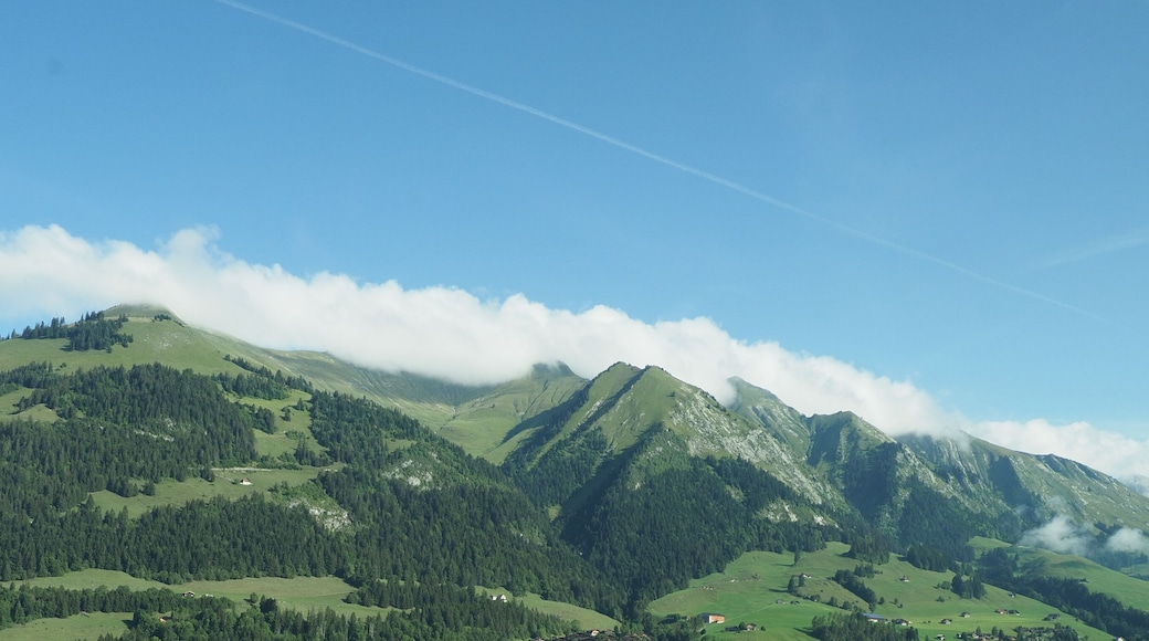 Alpine panorama seen from european Gruyeres town in Switzerland on August