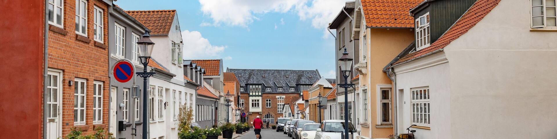 Along the street in Bogense, Bogense is a harbor town on the Kattegat on northern Fyn,Denmark,Scandinavia,Europe