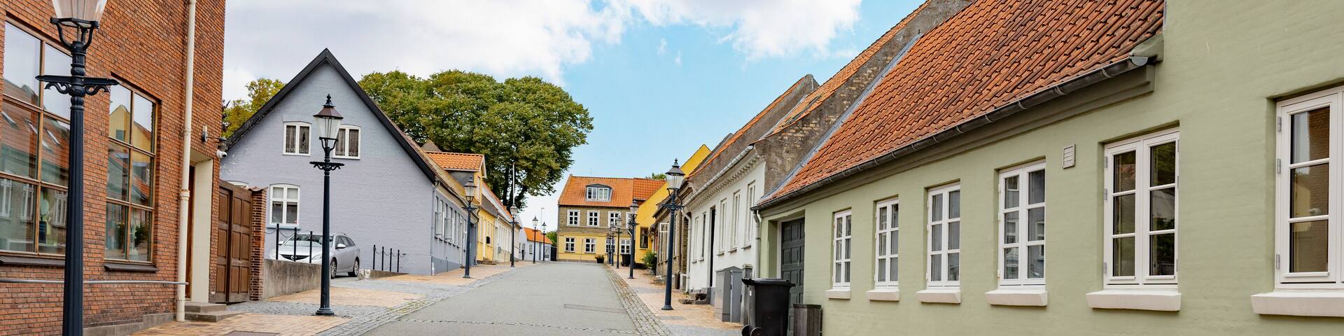 Along the street in Bogense, Bogense is a harbor town on the Kattegat on northern Fyn,Denmark,Scandinavia,Europe