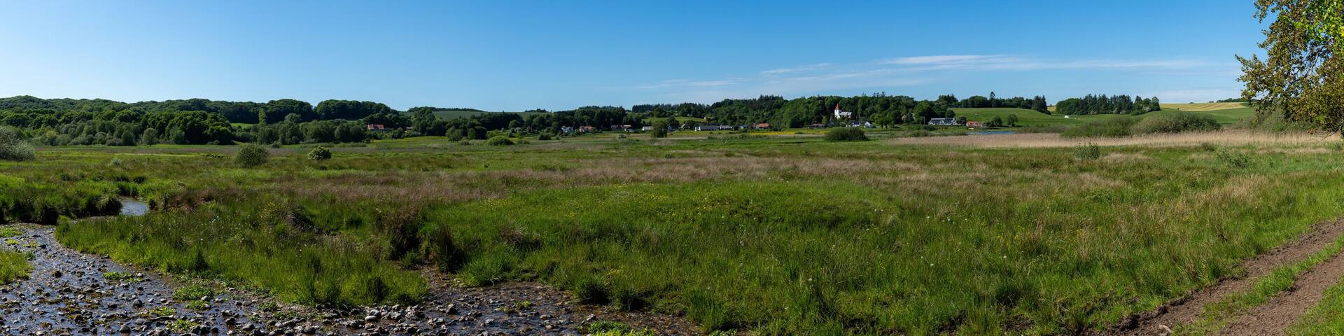 panorama of river and heath landscape in Rebild National Park in northern Denmark