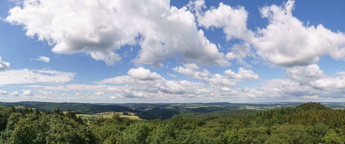A mountainous landscape with dense forests and scattered settlements.