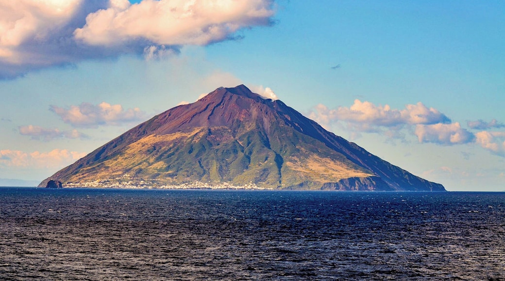 View of the constantly erupting Stromboli volcano as viewed from a passing cruise ship.