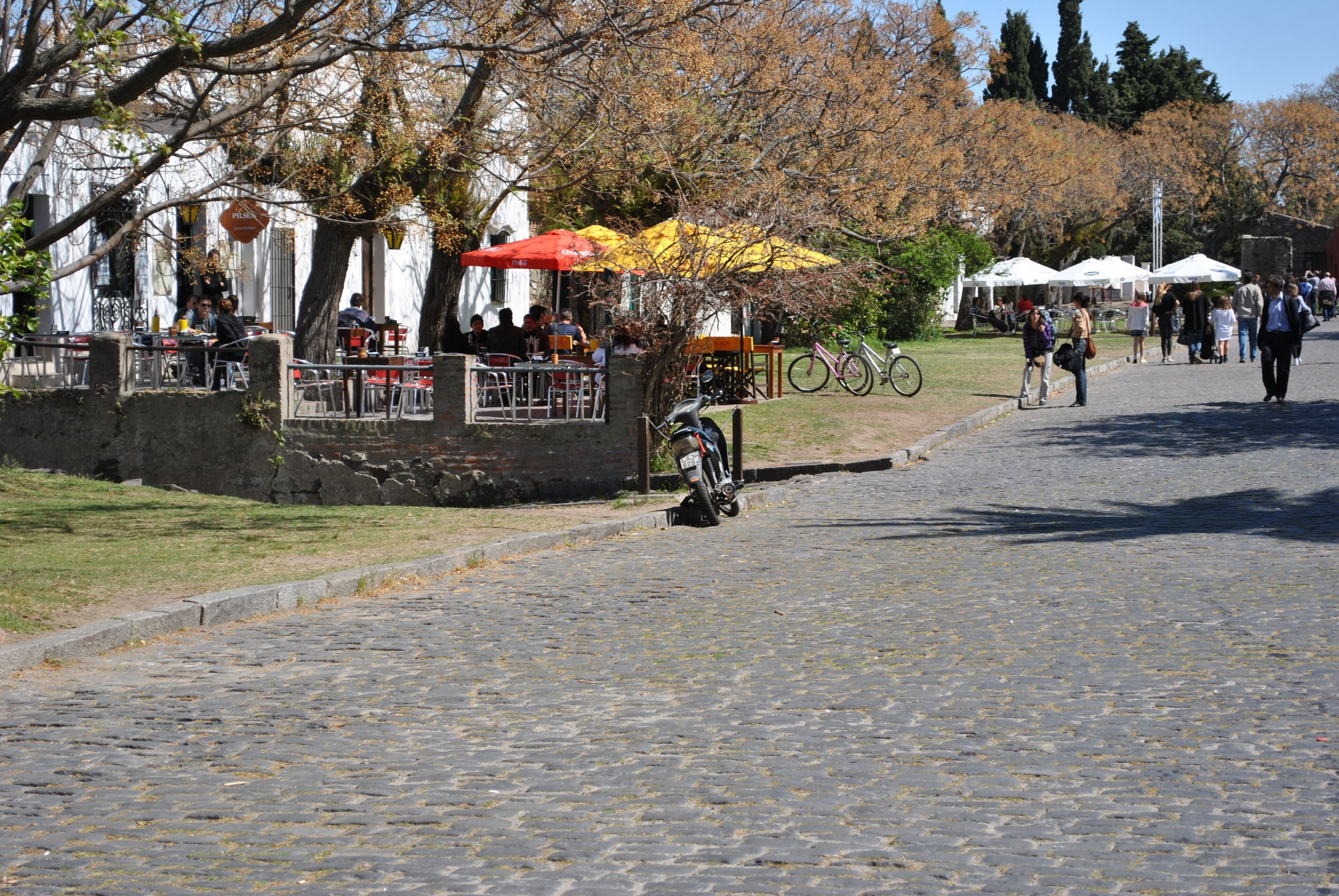Una calle adoquinada bordeada de árboles y con zonas de estar al aire libre.