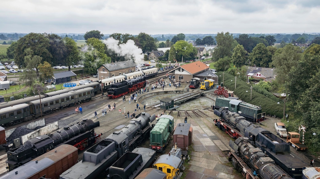 steam engine train, steam engine, aerial view, marshalling Beekbergen, the Netherlands - August 6th 2023: Aerial view of the marshalling yard harbouring classic steam locomotives.