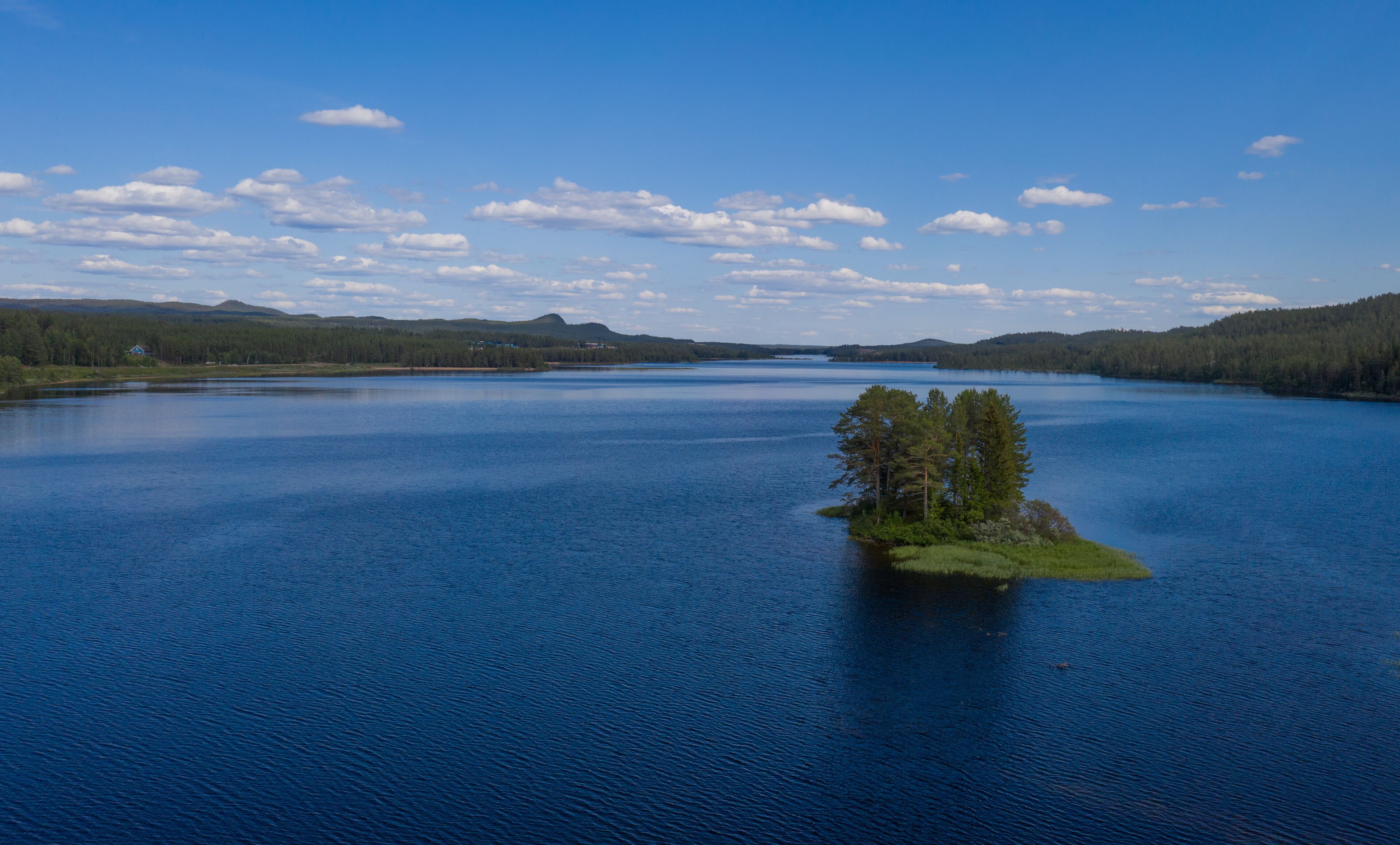 Aerial(drone) panoramic view on lake Storån-Österdalälven. Idre, Sweden, July 2019
