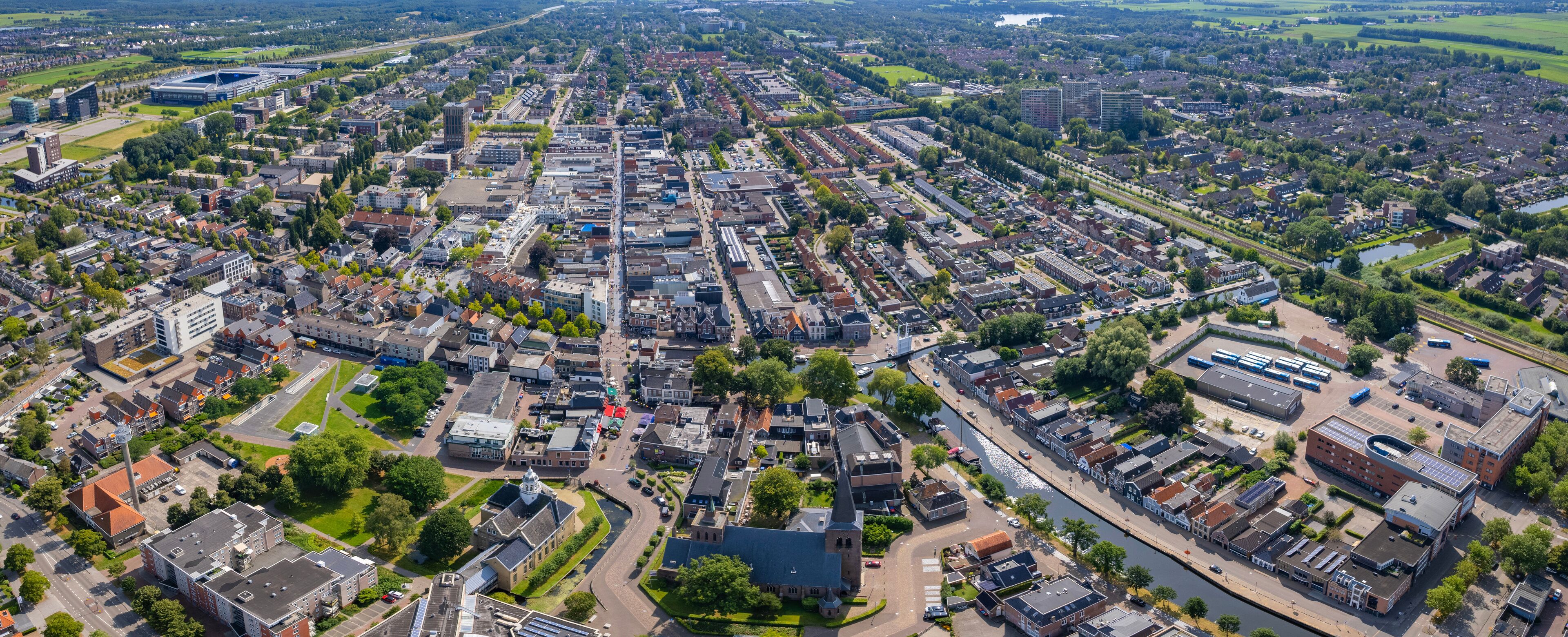 Aerial view of the old town of the city Heerenveen in the Netherlands on a sunny day in summer