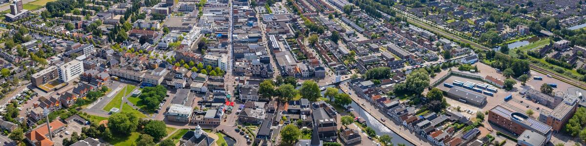 Aerial view of the old town of the city Heerenveen in the Netherlands on a sunny day in summer