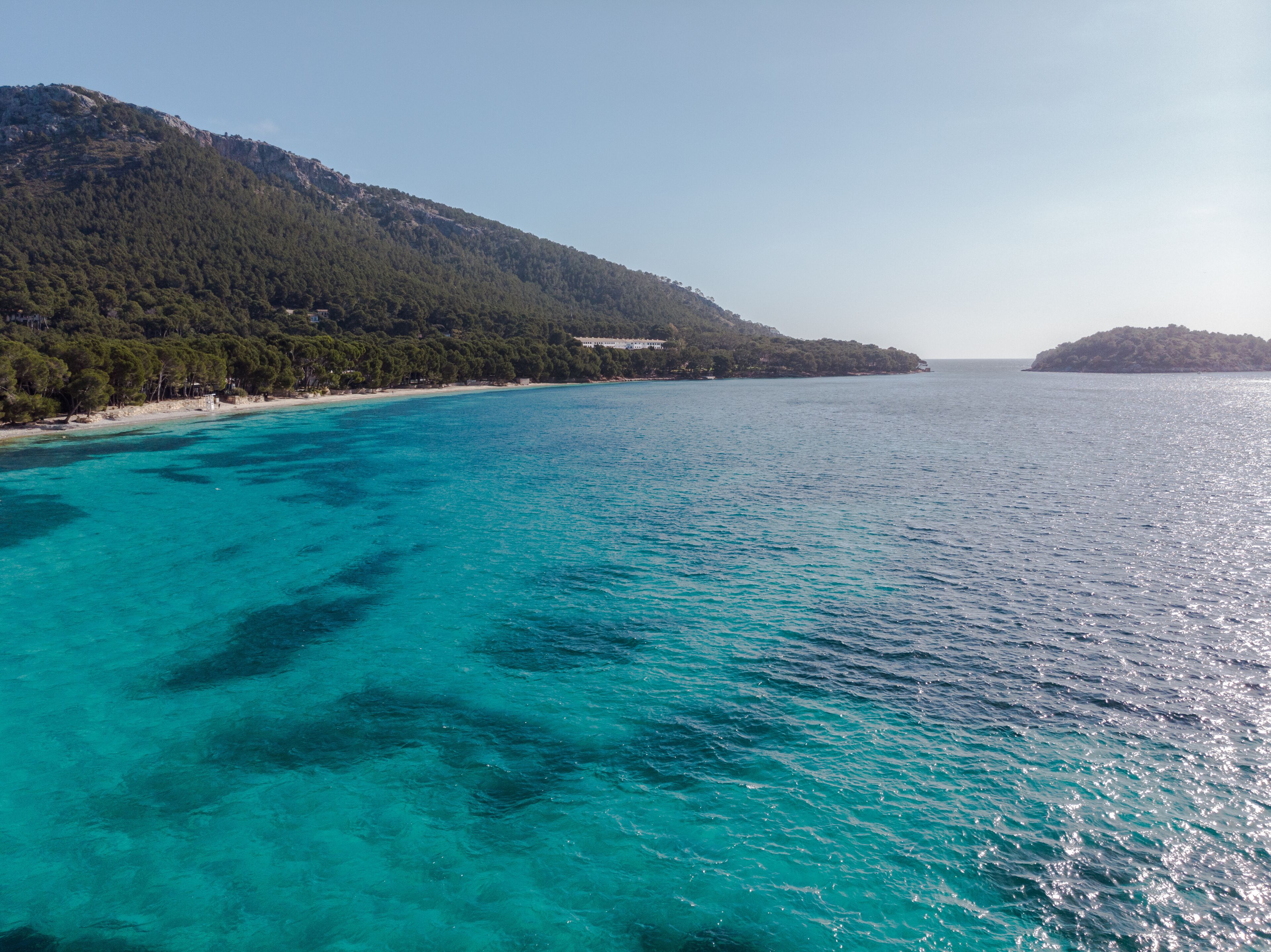 Un mar turquesa, una playa de arena y una colina cubierta de bosque.