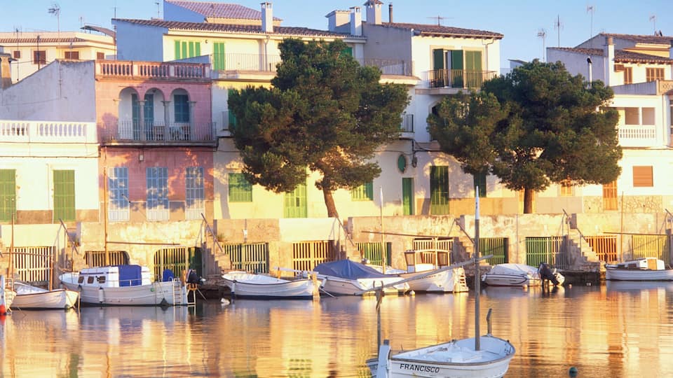 A harbor with boats docked, buildings with green shutters, and trees reflecting in the water.