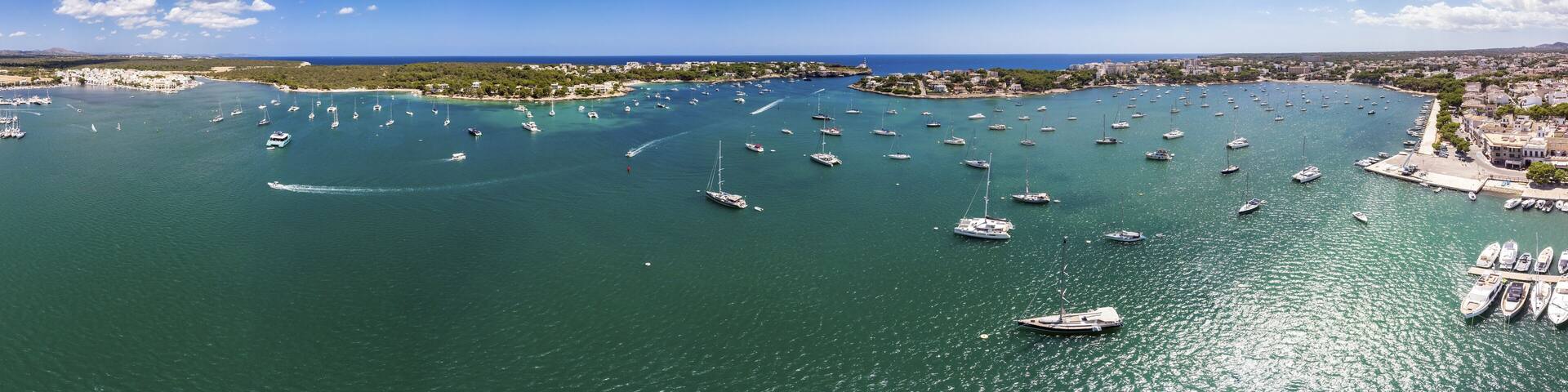 Aerial view, many sailboats anchor in the bay of Portocolom, Punta de ses Crestes, Potocolom, Majorca, Balearic Islands, Spain, Europe