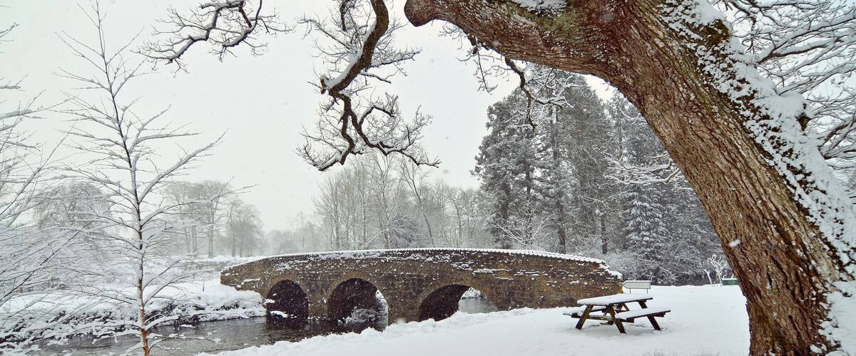 A snow-covered stone bridge over a river, a snow-laden tree, and a picnic table.
