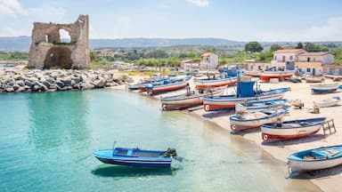 A coastal village with a historic stone tower, boats, and houses by the sea.