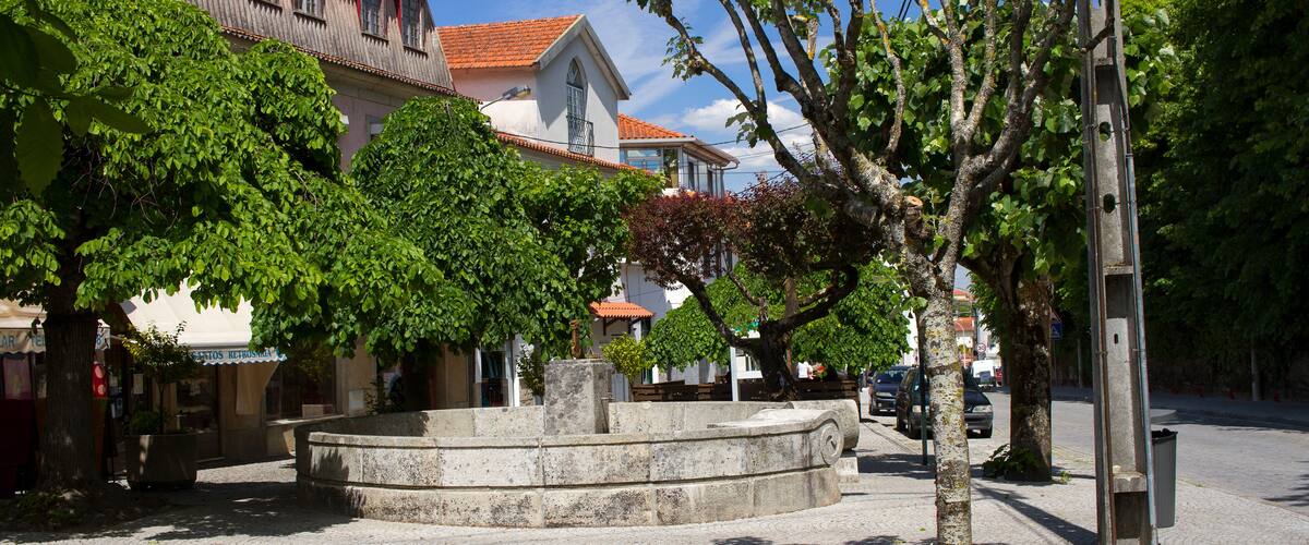 A cobblestone plaza with a circular stone fountain, surrounded by trees and buildings with red-tiled roofs.