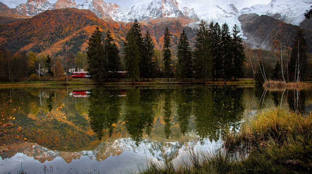 Paysage du lac des GAILLANDS à Chamonix : Vu sur le Mont-Blanc avec un train rouge