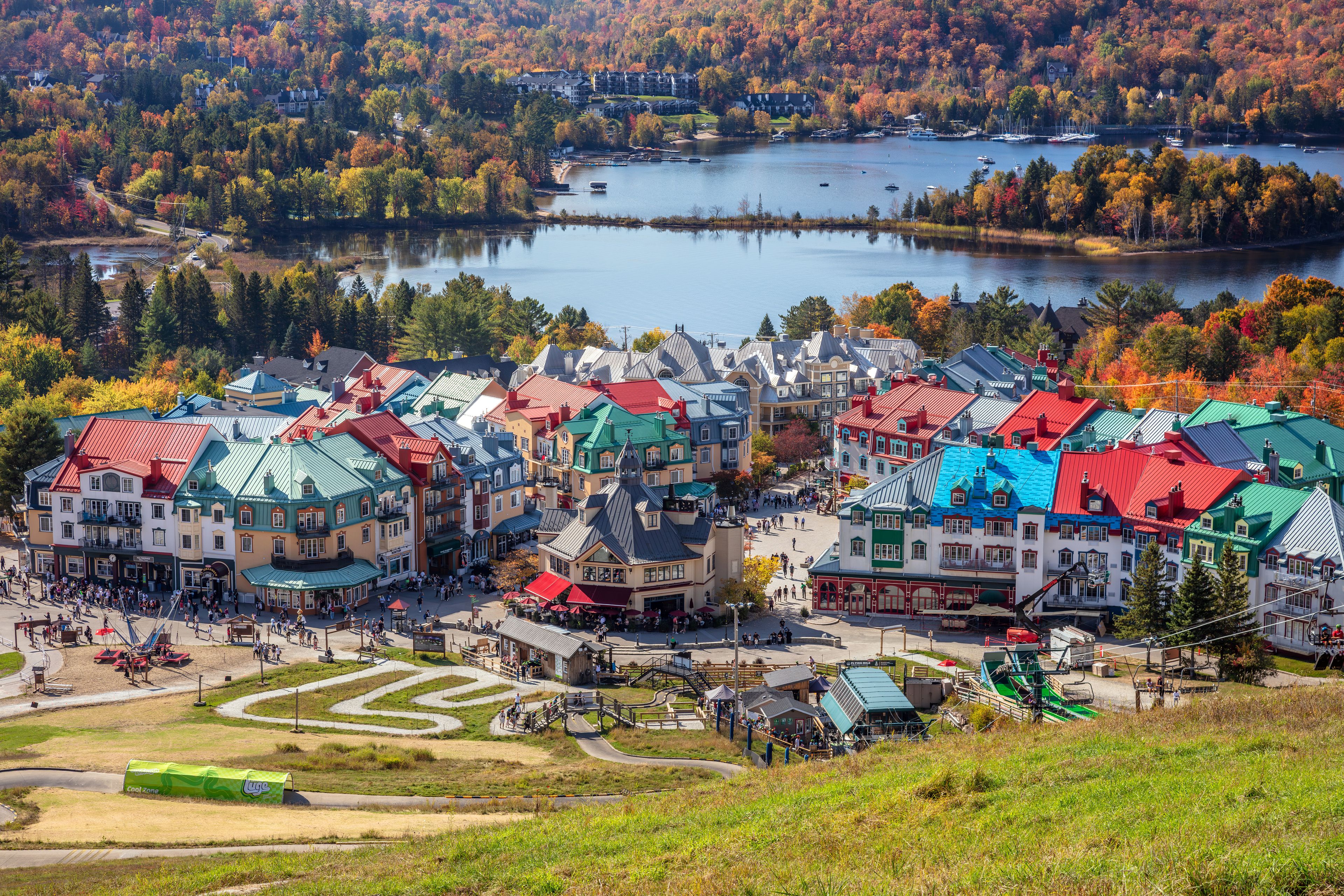 Colorful Mont Tremblant Village in Autumn with Fall Foliage and Lake, Quebec Canada