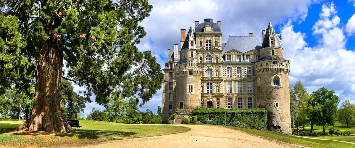 A large castle with a prominent tower, surrounded by lush greenery and a well-maintained lawn.