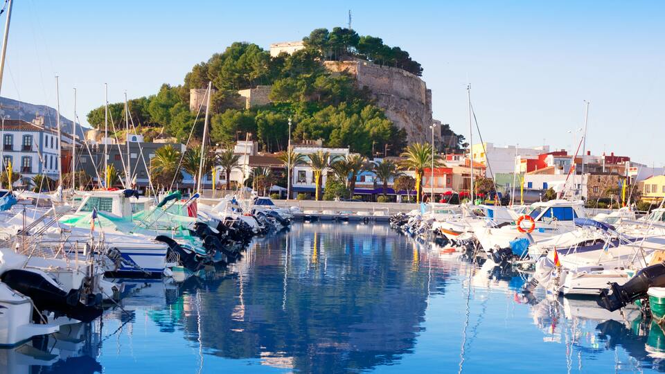 A marina with boats docked, a castle on a hill, and buildings in the background.