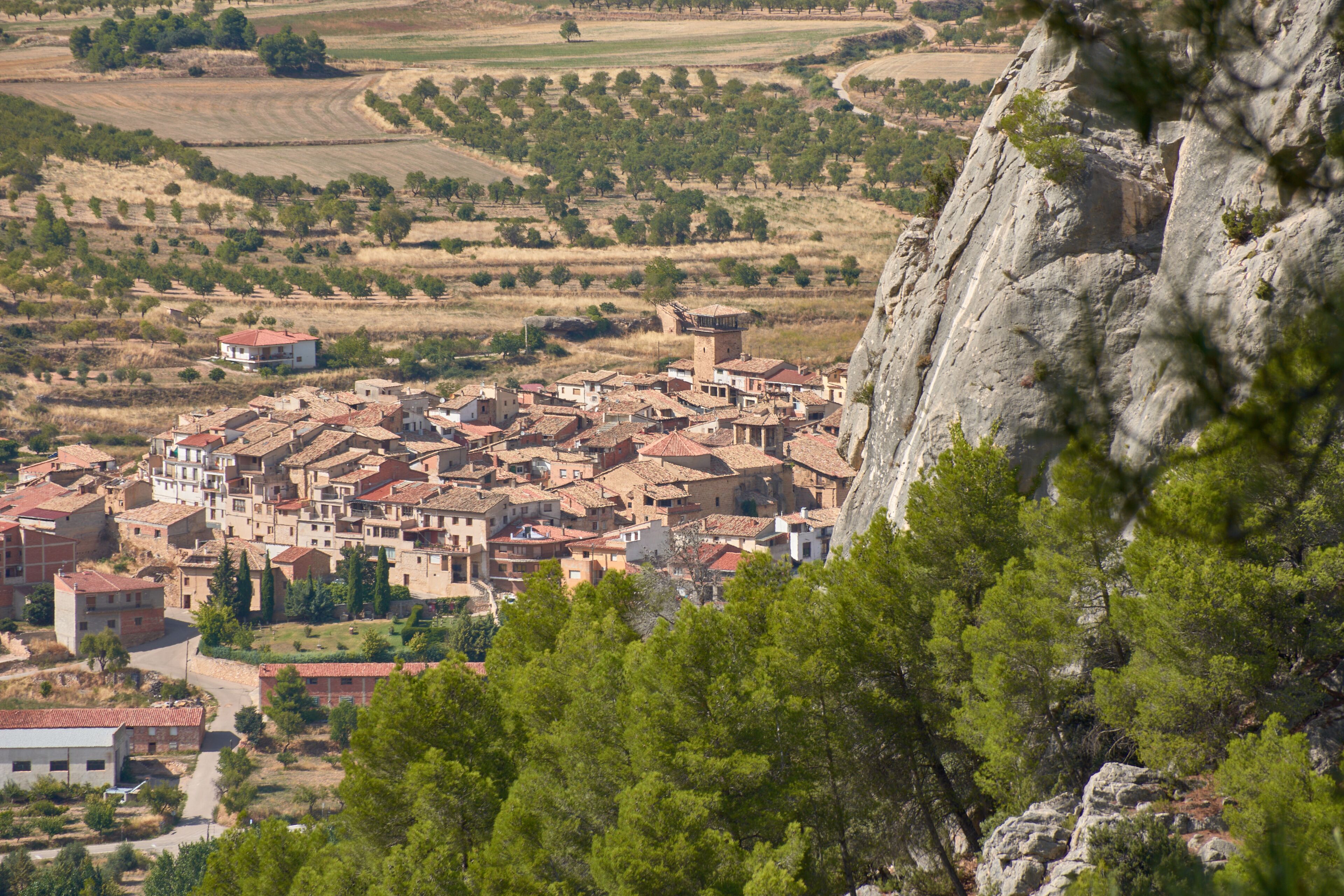 A town nestled in a valley with terraced fields and a prominent rock formation in the foreground.