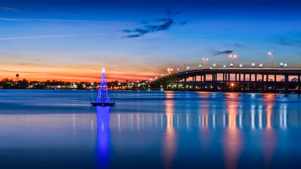 A city skyline at dusk, a bridge, and a Christmas tree illuminated by blue lights.