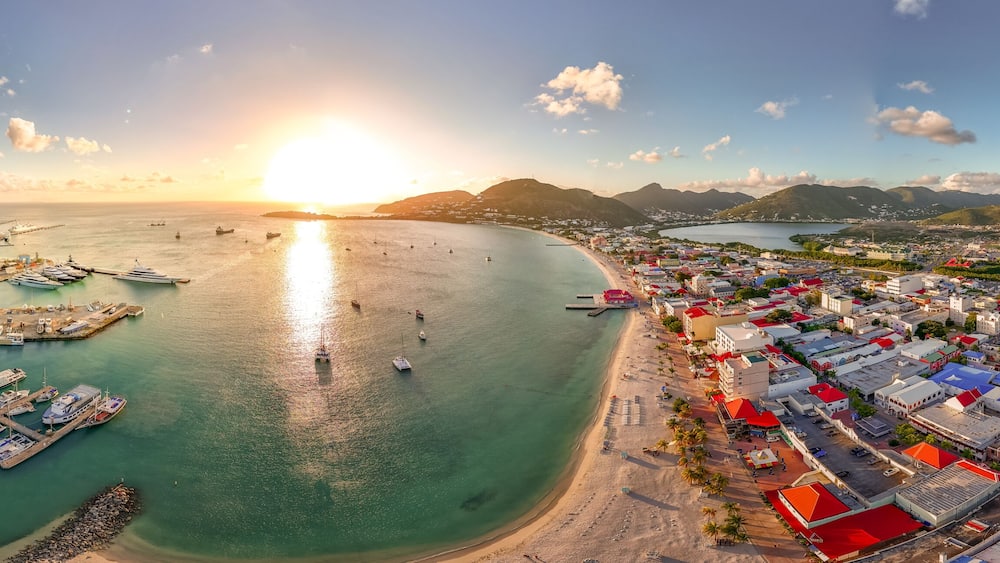 The Caribbean island of St Maarten. St Martin cityscape. Scenic aerial view of the Caribbean. Caribbean Panoramic vacation.