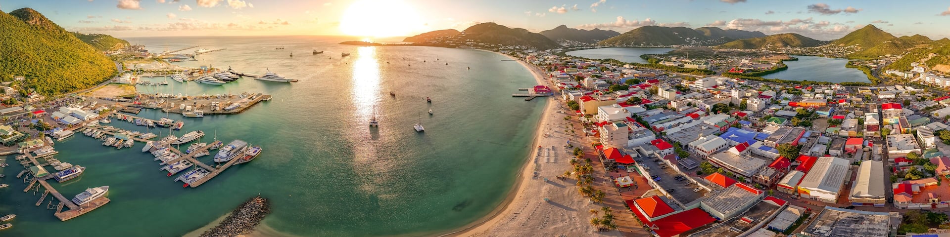 The Caribbean island of St Maarten. St Martin cityscape. Scenic aerial view of the Caribbean. Caribbean Panoramic vacation.