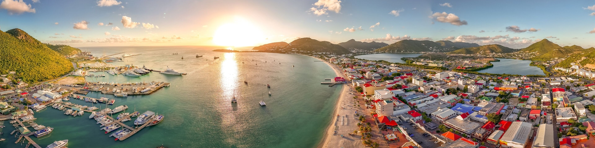 The Caribbean island of St Maarten. St Martin cityscape. Scenic aerial view of the Caribbean. Caribbean Panoramic vacation.