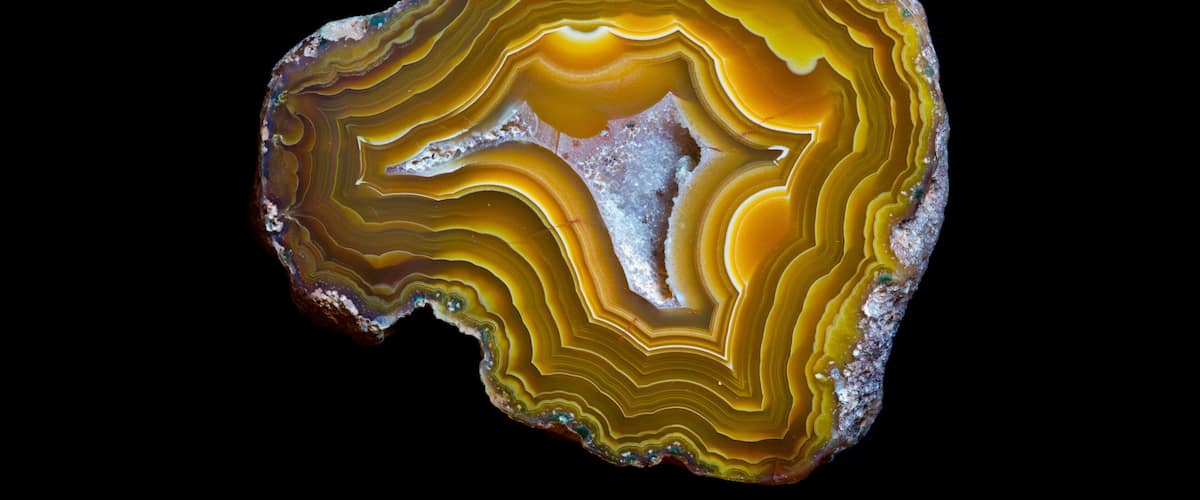 A polished agate with concentric bands of yellow, orange, and white.