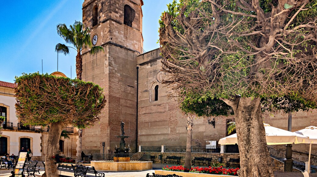 View of church tower and town hall building in old town Vera, Andalusia, Spain.