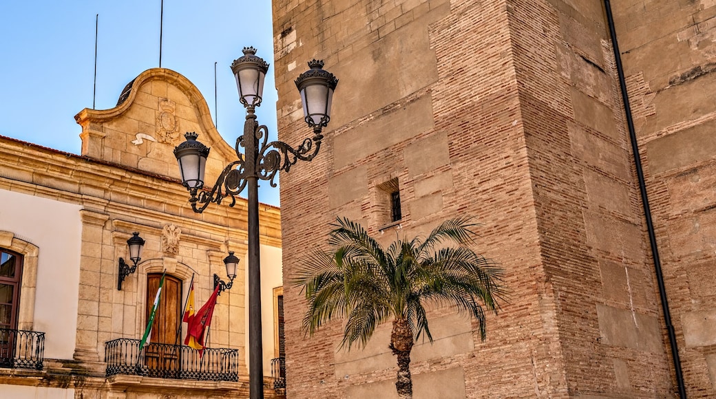 View of church tower and town hall building in the Mediterranean town of Vera, Spain.