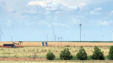 A wind farm with multiple wind turbines in a field.