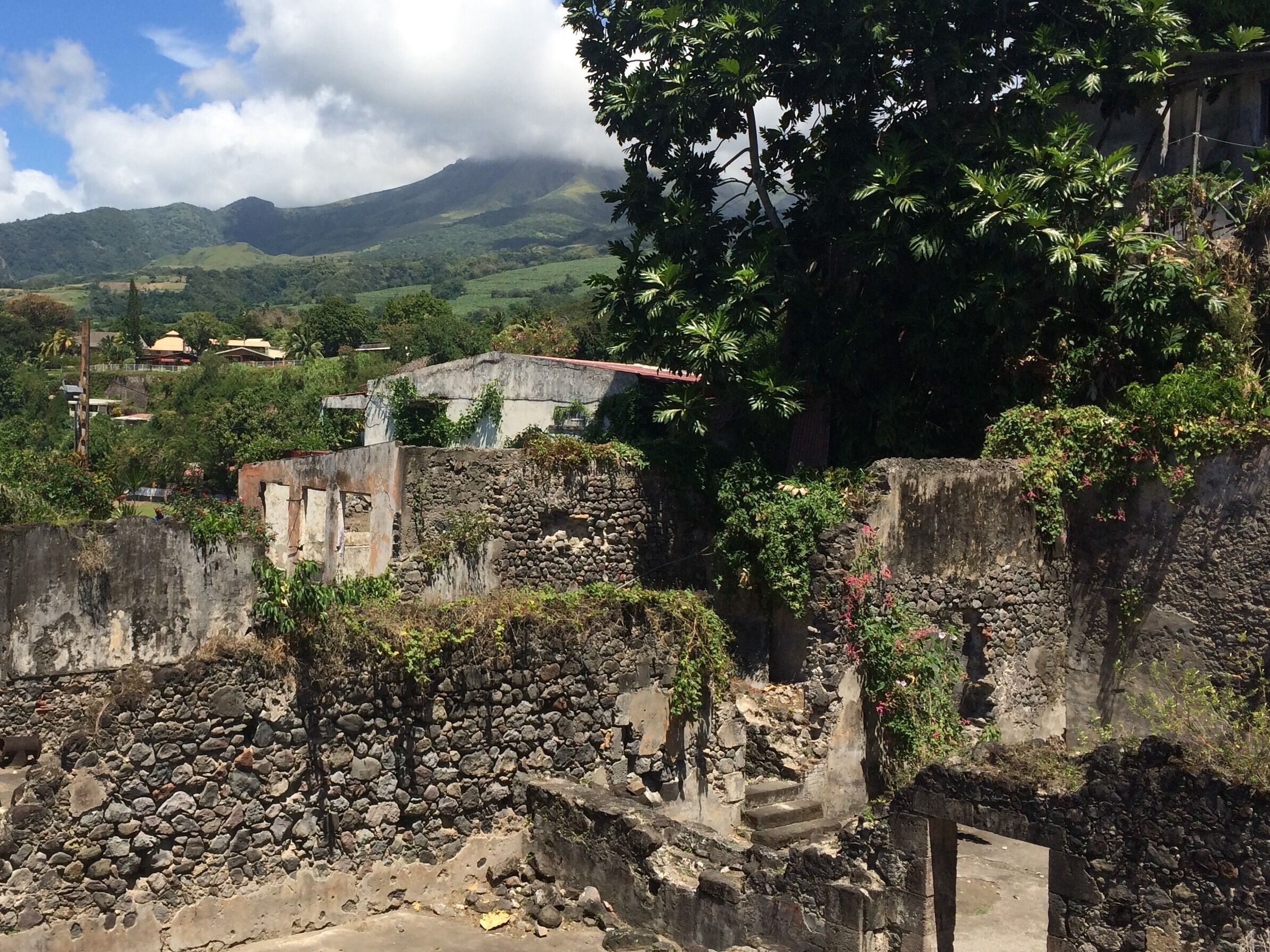 Ruins of the prison in St. Pierre on Martinique island in the Caribbean as it looks today after the volcanic eruption of Mt. Pelee in 1902. Mt. Pelee can be seen looming in the background.  One of 3 survivors of this natural disaster that killed 30,000 was a prisoner in this jail. The night before the eruption he was arrested and thrown in a jail cell that was partially underground. #Trovember