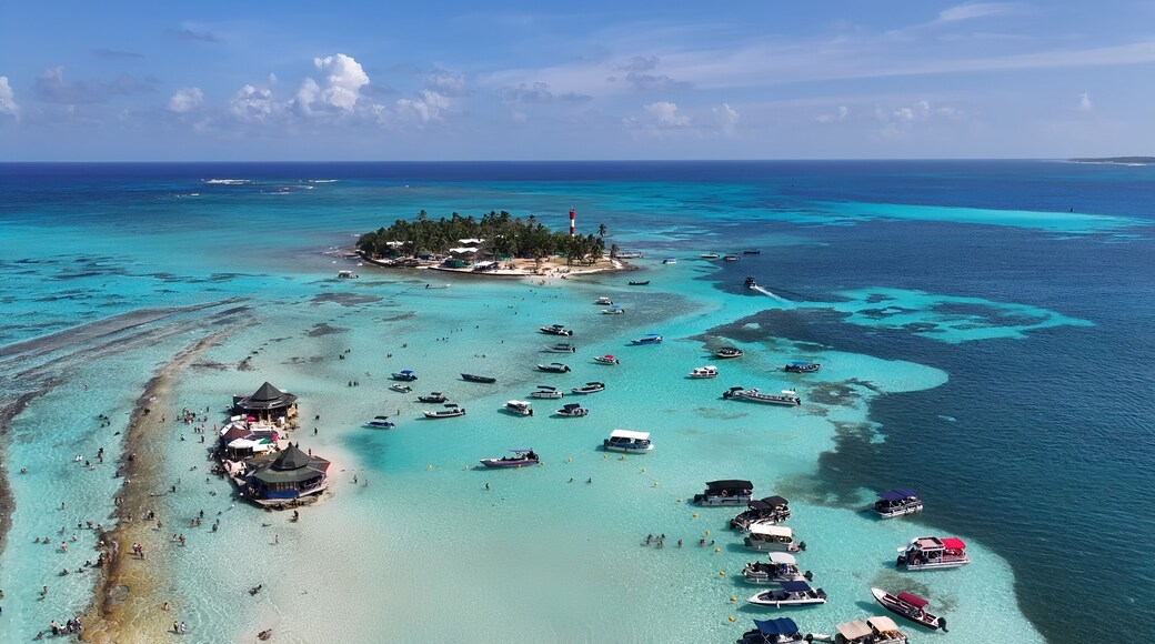 San Andres Skyline In San Andres Caribbean Island Colombia. Aerial View Of Stunning Beach With Crystal Clear Waters. Deserted Skyline Heaven Amazing. Heaven Waterfront Shore.