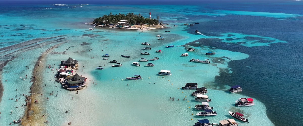 San Andres Skyline In San Andres Caribbean Island Colombia. Aerial View Of Stunning Beach With Crystal Clear Waters. Deserted Skyline Heaven Amazing. Heaven Waterfront Shore.